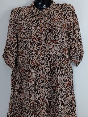 Millennium Leopard Print Tiered Shirt Dress M Button Front Roll Tab Sleeve Boho
